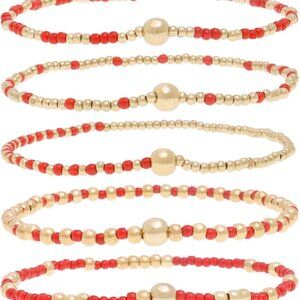 Gold Beaded Bracelets Set 5Pcs Women Handmade Stackable Layered Jewelry